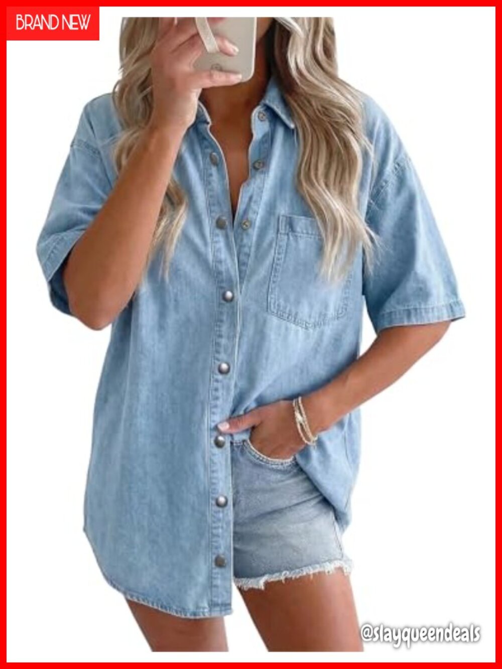 Oversized Short Sleeve Denim Shirt Women Trendy Button Down Top